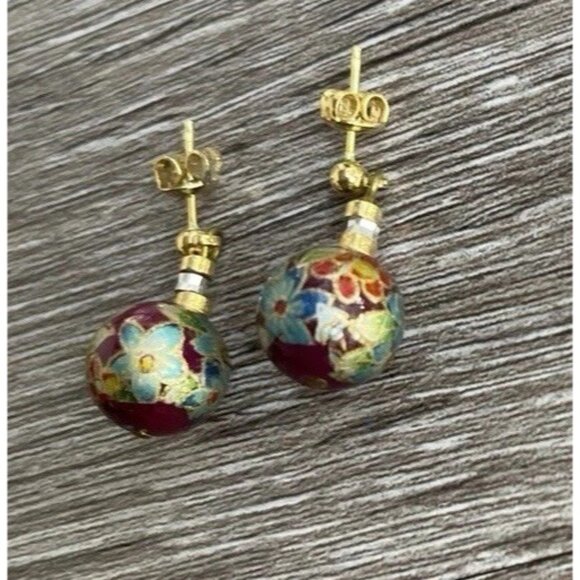 Vintage Cloisonne Earrings Carnelian Earrings Enamel Red White Round Dangle 1” - Picture 9 of 12